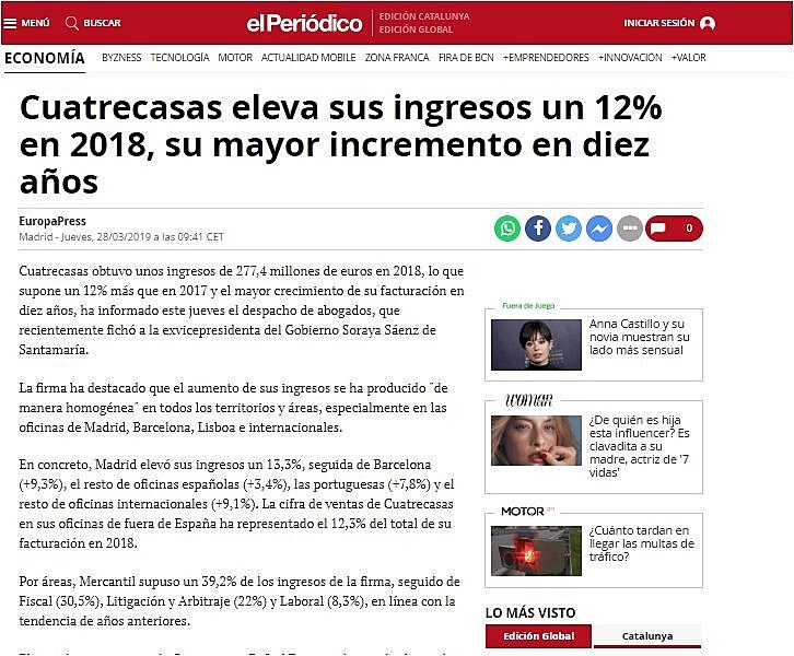 Cuatrecasas eleva sus ingresos un 12% en 2018, su mayor incremento en diez aos